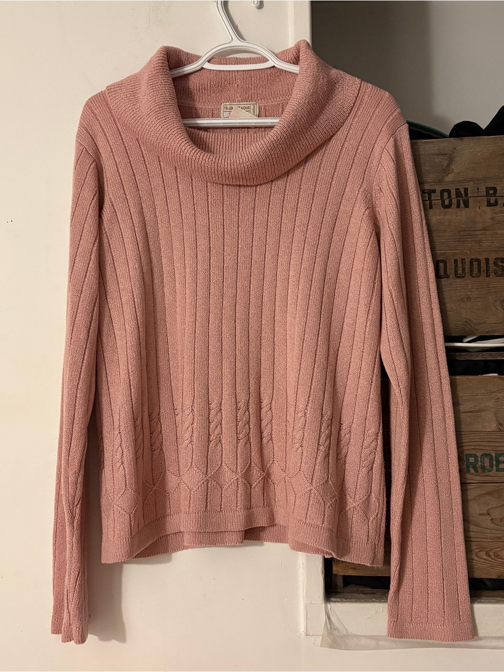Vintage Cozy Ribbed Cowl Neck Cable Knit Sweater - Dusty Rose Size Large